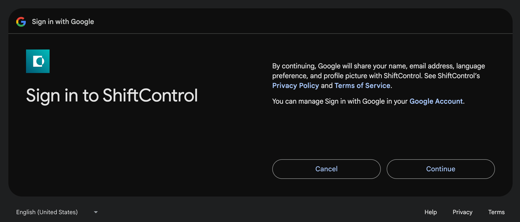 Google sign-in screen showing 'Sign in to ShiftControl' with the ShiftControl logo and a description of what Google will share with ShiftControl